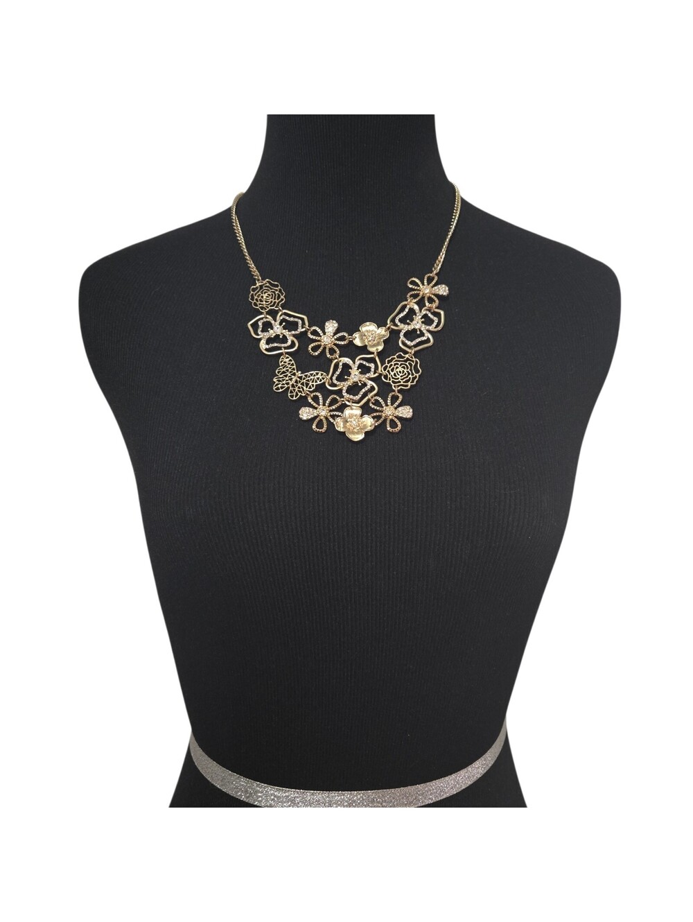 Gold Tone Floral Statement Necklace Crystal Rhinestone Flowers & Butterfly EUC